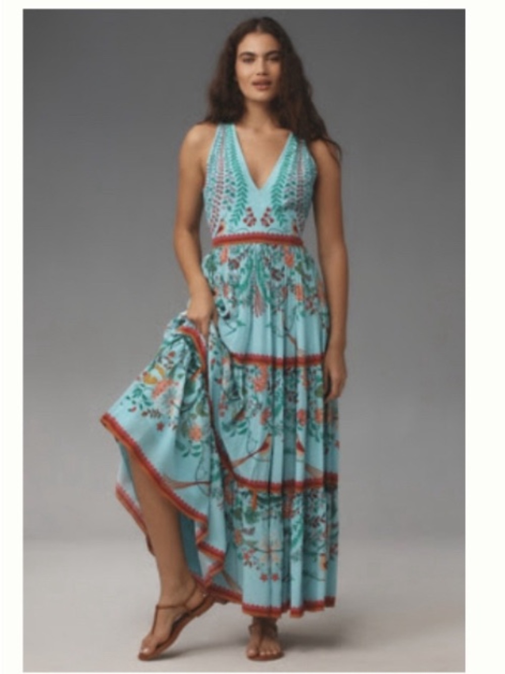 Anthropologie Aqua Floral V-Neck Maxi Dress with Rust Trim